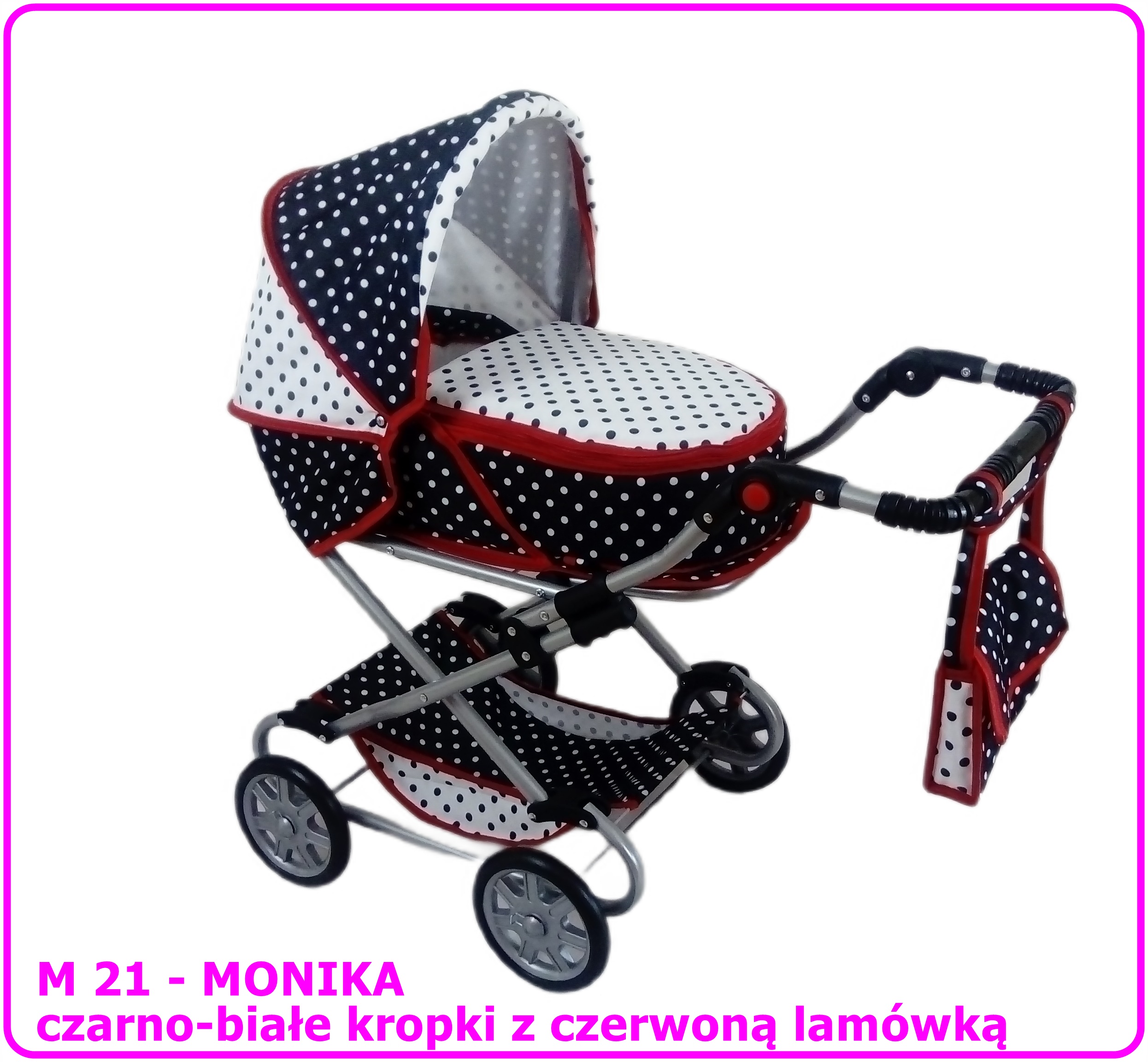 Wózek dla lalek głęboko-spacerowy MONIKA M21 czarno-białe kropki z czerwoną lamówką