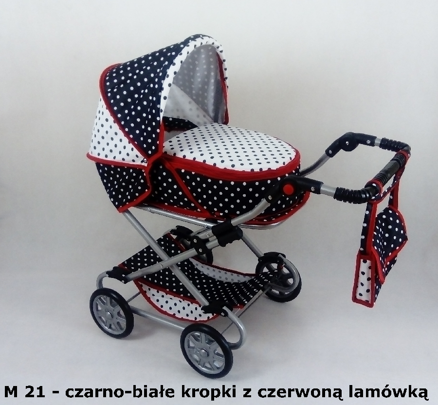 Wózek dla lalek głęboko-spacerowy MONIKA M21 czarno-białe kropki z czerwoną lamówką - obrazek 3
