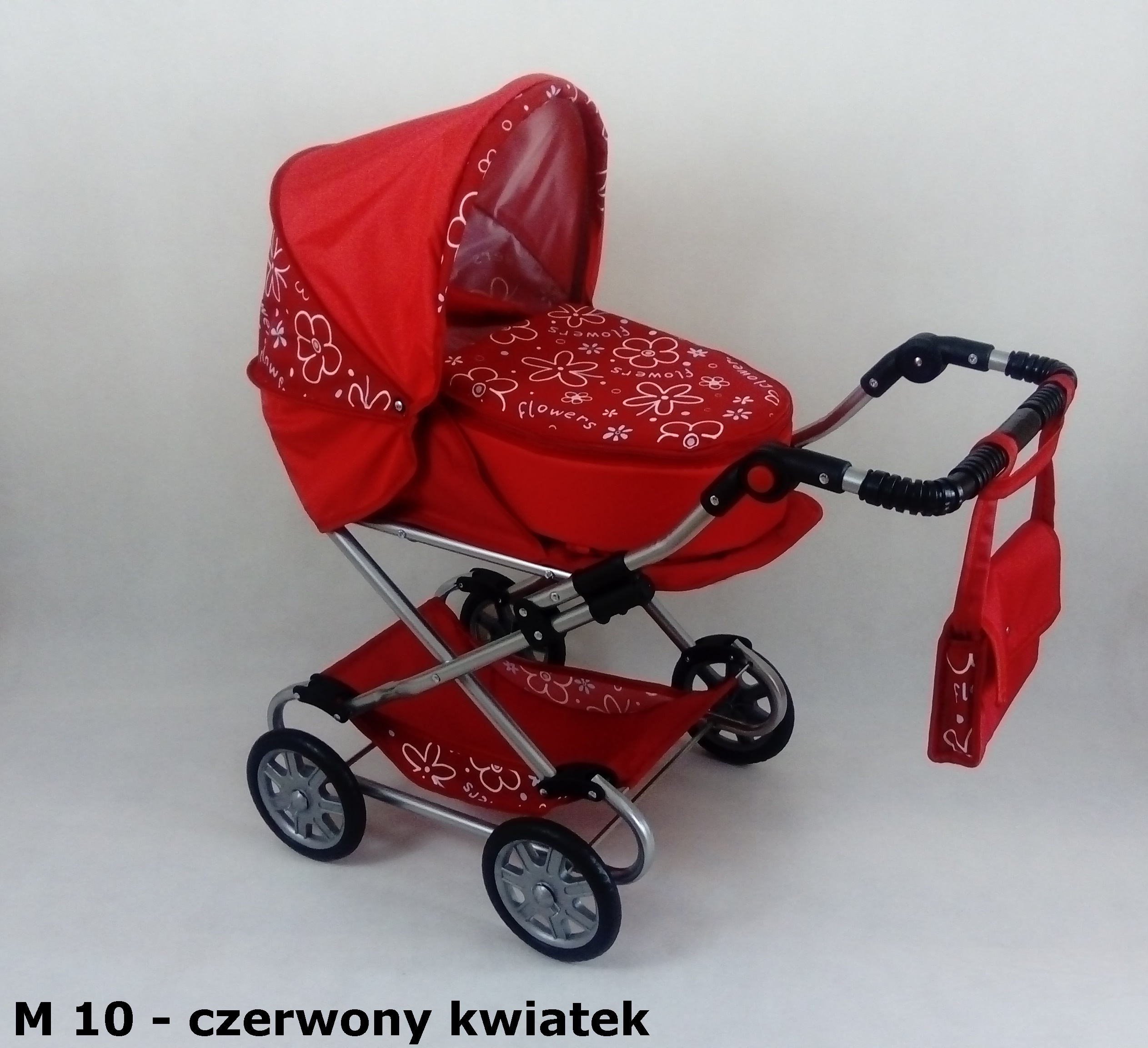 Wózek dla lalek głęboko-spacerowy MONIKA M21 czarno-białe kropki z czerwoną lamówką - obrazek 5