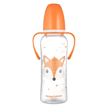 CANPOL 11/845 Butelka standardowa z uchwytami 250ml CUTE ANIMALS pomarańczowa