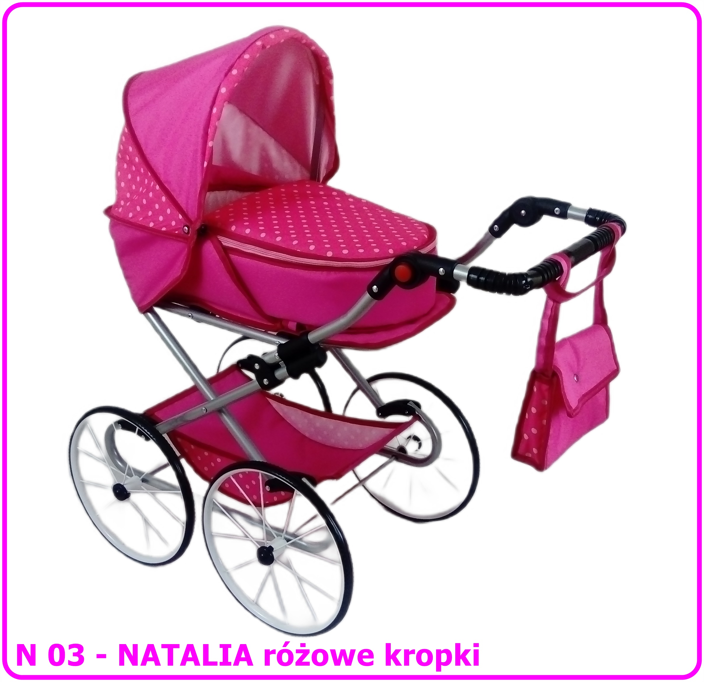 Wózek dla lalek głęboko-spacerowy NATALIA RETRO N03 różowe kropki