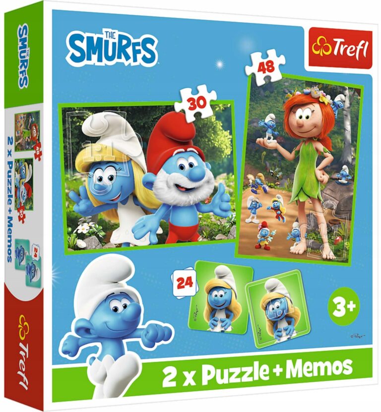 TREFL 93656 Puzzle 2w1 + MEMOS Wesołe zabawy Smerfów
