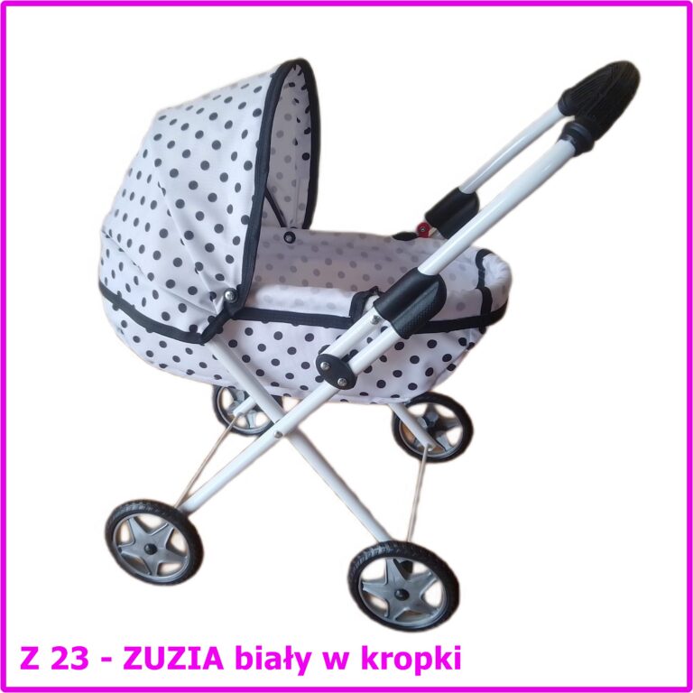 Wózek dla lalek ZUZIA głęboki biały w czarne kropki Z23