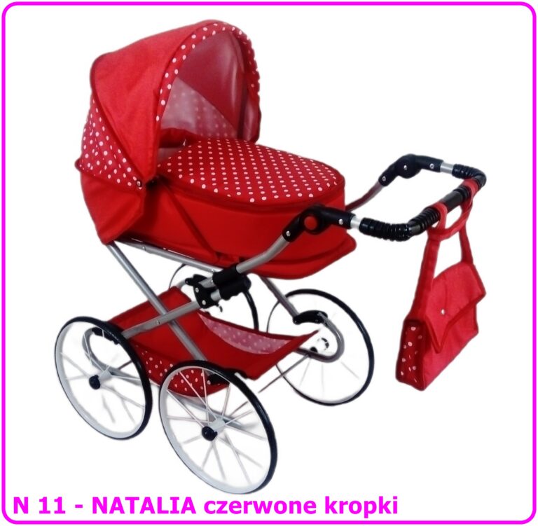Wózek dla lalek głęboko-spacerowy NATALIA RETRO N11 czerwony w kropki